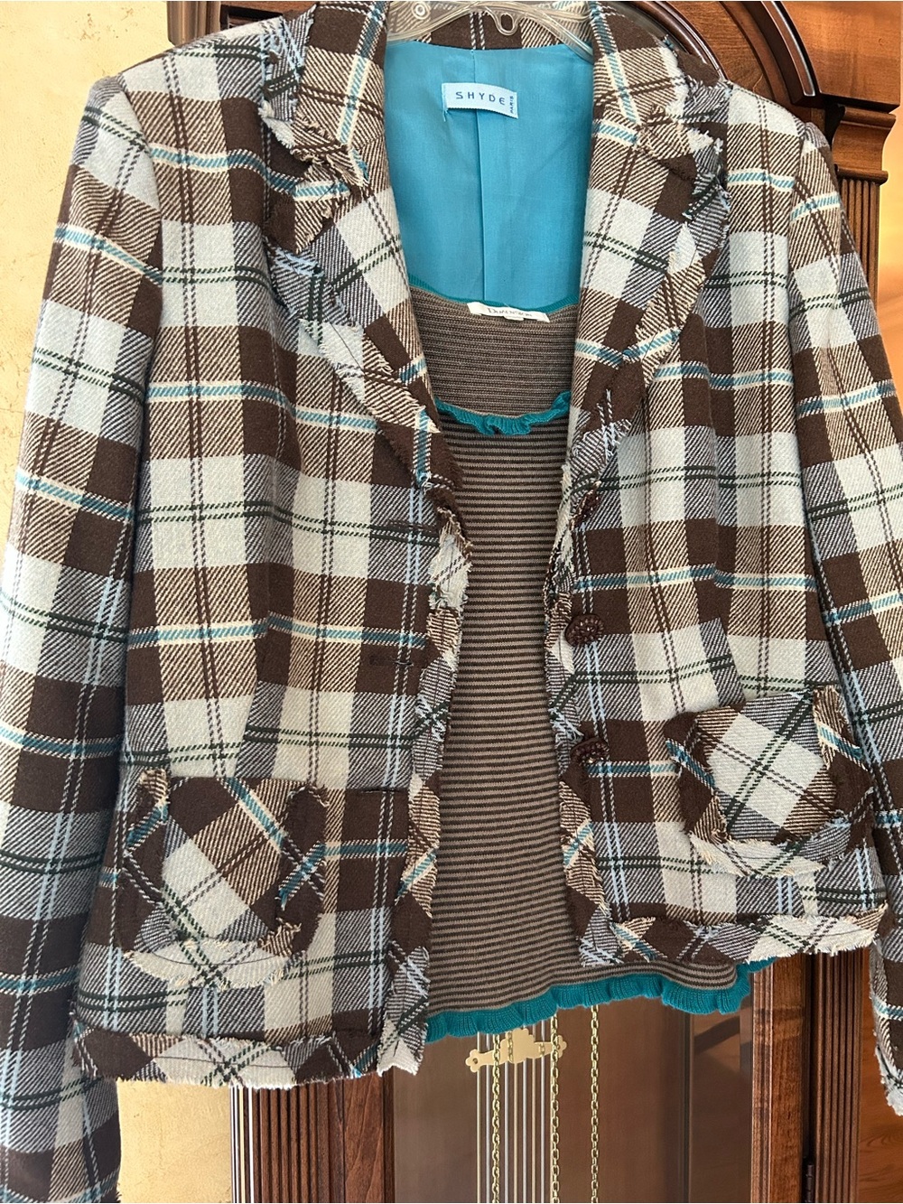Two peace Brown & Cream Plaid Fringe-Trim Blazer and matching  camisole Paris